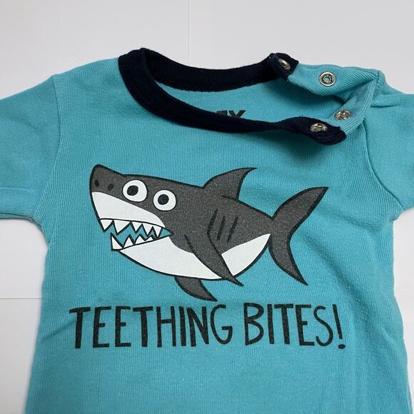 Lazy One Baby Teething Bites Shark Graphic Blue Short Sleeve Ringer Bodysuit 6 M - Picture 2 of 5